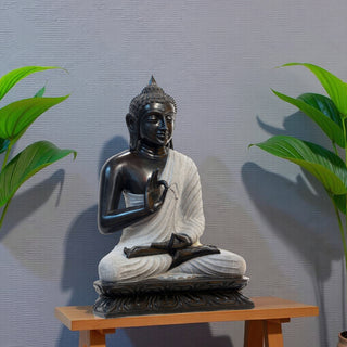 Lord Buddha Sitting Asana made of Natural Black stone, White - 17 x 10 x 24 Inch, 60 Kg