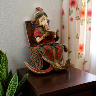 Lord Ganesha Colorful reading Idol made of Pure Brass