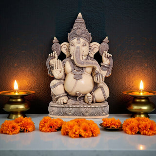 Lord Ganesha Idol Ivory finish made of Soft stone - 12 x 6.5 x 19.5 Inch, 15.7 Kg