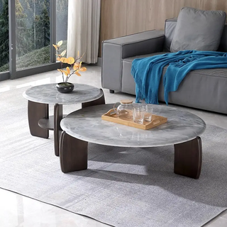 ESPINHO Set of 2 Round Coffee Table With Marble Top Wooden base.