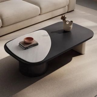 VIZELA Rectangle Center Table With Marble Top And Wooden Base.