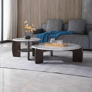 ESPINHO Set of 2 Round Coffee Table With Marble Top Wooden base.