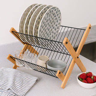 Foldable Dish Drying Rack Wooden Frame 2 Tier
