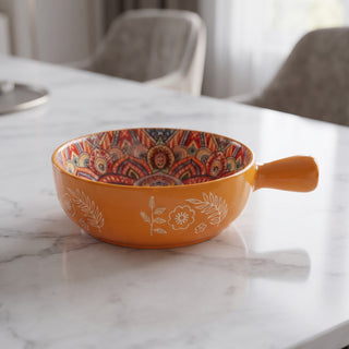 Ethnic Orange Round Ceramic Serving Platter with Handle Microwave & Dishwasher Safe