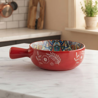 Ethnic Red Round Ceramic Serving Platter with Handle Microwave & Dishwasher Safe