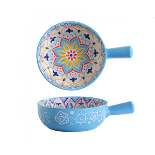 Ethnic Blue Round Ceramic Serving Platter with Handle Microwave & Dishwasher Safe