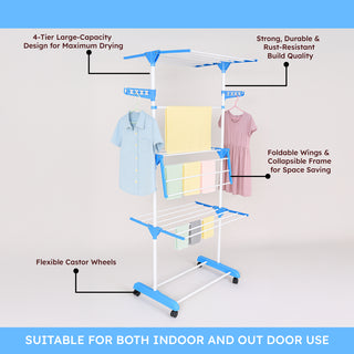 Clothes Drying Stand Stainless Steel 4 Tier 24 Poles & 14 Hooks – Blue