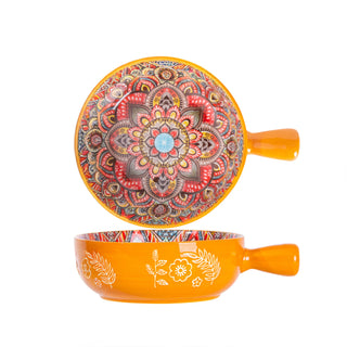 Ethnic Orange Round Ceramic Serving Platter with Handle Microwave & Dishwasher Safe