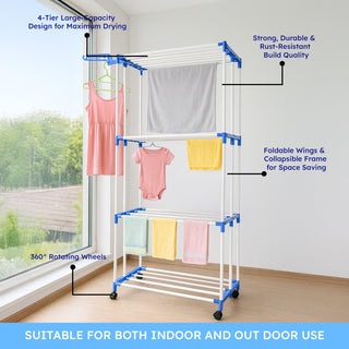 Clothes Drying Stand Stainless Steel 4 Tier 28 Drying Poles & 14 Hooks – Blue