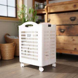 Foldable Plastic Laundry Basket With Wheels - White