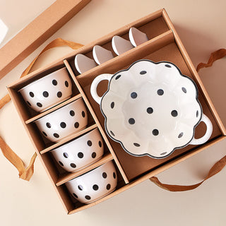 Premium Ceramic Bowl Set with Serving Plate Polka Dot Design Microwave & Dishwasher Safe.