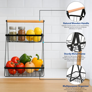 Fruit & Vegetable Basket Metal & Wood 2 Tier – Black