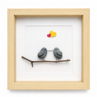 Two Hearts, One Perch – Handcrafted Natural Pebble Art Frame