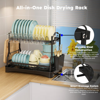 Dish Drying Rack With Cutlery Holder & Tray Metal 2 Tier – Black