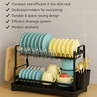 Dish Drying Rack With Cutlery Holder & Tray Metal 2 Tier – Black