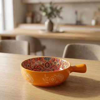 Ethnic Orange Round Ceramic Serving Platter with Handle Microwave & Dishwasher Safe