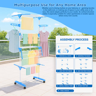 Clothes Drying Stand Stainless Steel 4 Tier 24 Poles & 14 Hooks – Blue