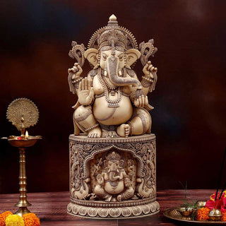 Lord Ganesha sitting on ganesha pedestal Idol Ivory made of Soft stone - 9 x 5 x 18 Inch, 5.8 Kg