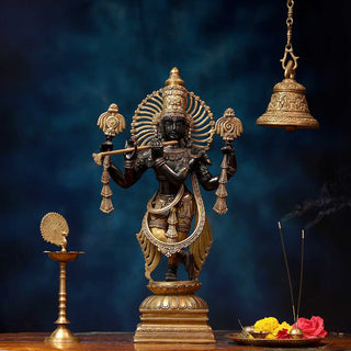 Lord Krishna Brass Statue in Black - 12 x 6.5 x 23.5 Inch, 12.7 Kg
