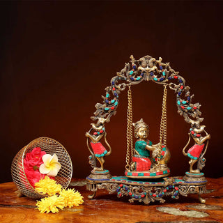 Lord Krishna Sitting on Swing Statue Made of Pure Brass - 16 x 5 x 18 Inch, 7 Kg