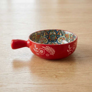 Ethnic Red Round Ceramic Serving Platter with Handle Microwave & Dishwasher Safe