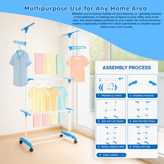 Clothes Drying Stand Stainless Steel 3 Tier 21 Drying Poles & 14 Hooks – Blue
