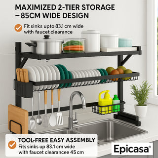 Over-Sink Dish Drying Rack Stainless Steel 2 Tier - Black