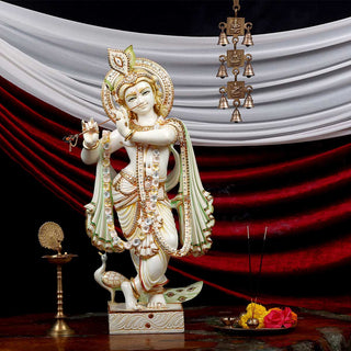 Krishna Playing Bansuri Standing Statue Made of Soft Marble - 15 x 6 x 27 Inch, 15.5 Kg