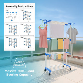 Clothes Drying Stand Stainless Steel 4 Tier 28 Drying Poles & 14 Hooks – Blue