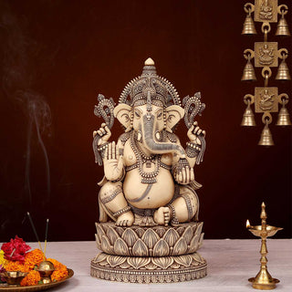 Lord Ganesha sitting on Lotus Idol Ivory made of Soft stone - 9 x 4.5 x 15 Inch, 4.4 Kg