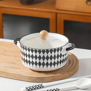 Premium Ceramic Bowl Diamond Design with Handle & Lid (750 ml) Microwave Safe