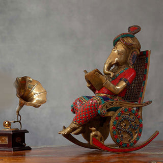 Lord Ganesha Colorful reading Idol made of Pure Brass