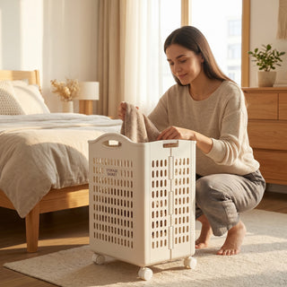 Foldable Plastic Laundry Basket With Wheels - White