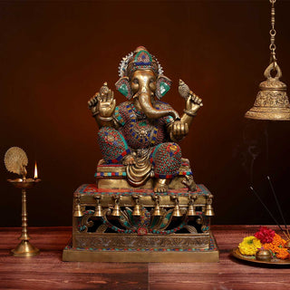Lord Ganesha color stone sitting on bell stagec Idol made of Pure Brass - 15 x 10 x 21 Inch, 24 Kg