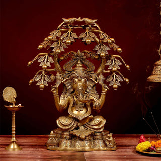 Lord Ganesha sitting under tree and peacocks Idol made of Pure Brass - 22 x 20 x 25 Inch, 28.3 Kg