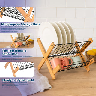 Foldable Dish Drying Rack Wooden Frame 2 Tier