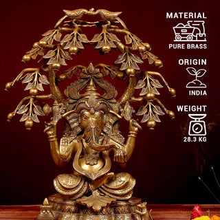Lord Ganesha sitting under tree and peacocks Idol made of Pure Brass - 22 x 20 x 25 Inch, 28.3 Kg