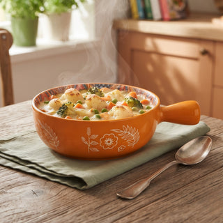 Ethnic Orange Round Ceramic Serving Platter with Handle Microwave & Dishwasher Safe