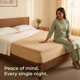 Epicasa Terry Mattress Protector Waterproof | 100% Waterproof TPU Membrane | Soft Breathable Terry Cotton Surface | Deep-Fit All-Around Elastic | Noiseless | Machine Washable | Beige