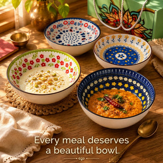 Classic Floral Ceramic Bowl Set - Full Set View - Epicasa