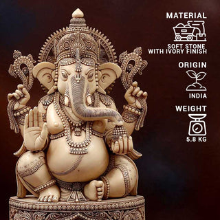 Lord Ganesha sitting on ganesha pedestal Idol Ivory made of Soft stone - 9 x 5 x 18 Inch, 5.8 Kg