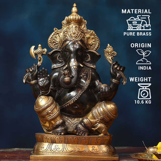 Lord Ganesha black sitting Idol made of Pure Brass - 12 x 6 x 15 Inch, 10.6 Kg