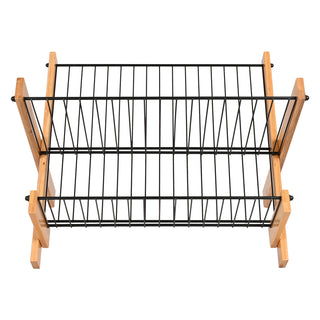 Foldable Dish Drying Rack Wooden Frame 2 Tier