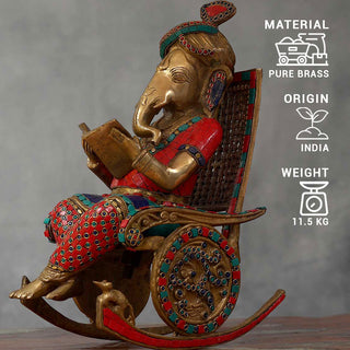 Lord Ganesha Colorful reading Idol made of Pure Brass