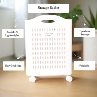 Foldable Plastic Laundry Basket With Wheels - White