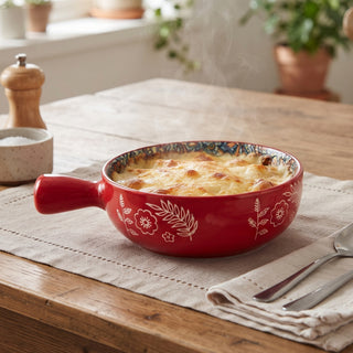 Ethnic Red Round Ceramic Serving Platter with Handle Microwave & Dishwasher Safe