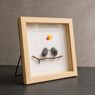 Two Hearts, One Perch – Handcrafted Natural Pebble Art Frame