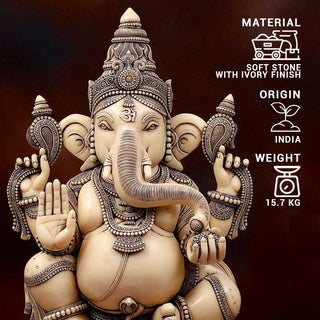 Lord Ganesha Idol Ivory finish made of Soft stone - 12 x 6.5 x 19.5 Inch, 15.7 Kg