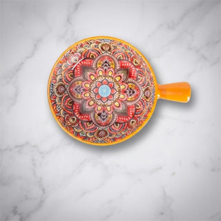 Ethnic Orange Round Ceramic Serving Platter with Handle Microwave & Dishwasher Safe