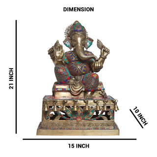 Lord Ganesha color stone sitting on bell stagec Idol made of Pure Brass - 15 x 10 x 21 Inch, 24 Kg